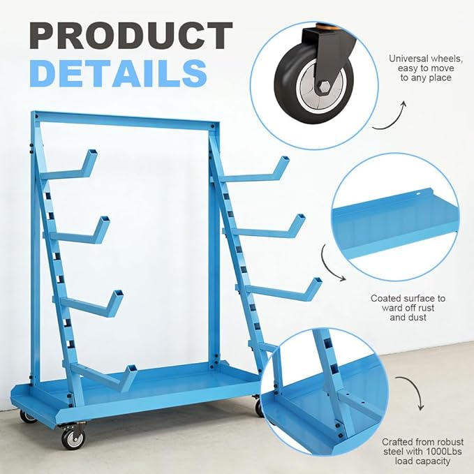 Yeeoy Rolling Horizontal Rack Pedestal with Wheels, Heavy Duty Pipe Rack Cart, Mobile Platform Base Industrial Bar Cradle Cart for Warehouse Garage Workshop Transportation, Blue
