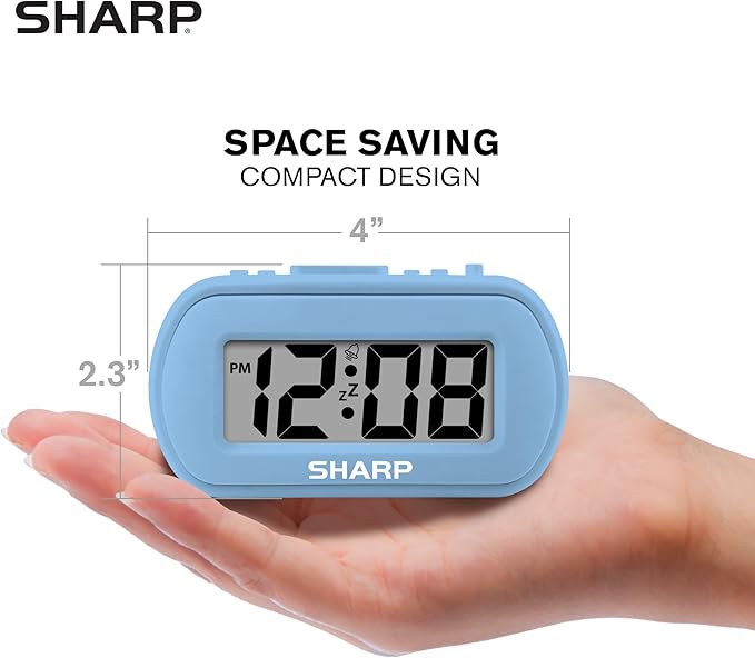 Sharp Digital Alarm Clock – Tactile Case with Soft Rubberized Finish - Battery Operated – Blue Backlight on Demand – Ascending Alarm – Easy to Use – Light Blue