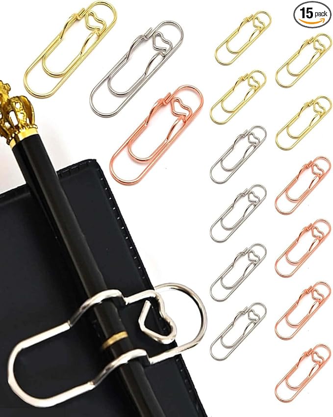 Metal Pen Clips and Holders 15 Pack Colorful for Notebooks and Heart Papers Paperclip Clips School Office Supplies