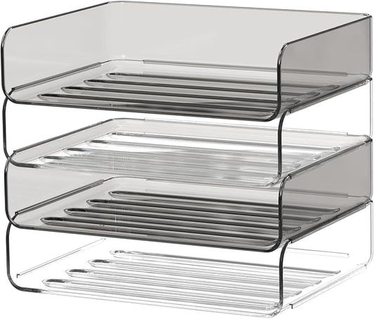 FANXIYQ 4-Tier Horizontal Acrylic Paper Tray Organizer | Clear Stackable Desk Organizer for Documents, Letters, A4 Paper | Modern Office/Classroom/Home Organization,Clear&Brown