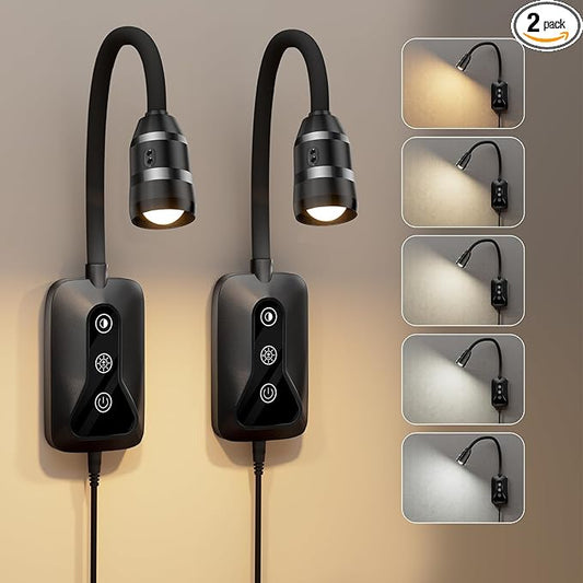 2 Pack Wall Mounted Headboard Reading Light, LED Dimmable Touch Control, Ideal for Bedside, Office, or Reading (Black)