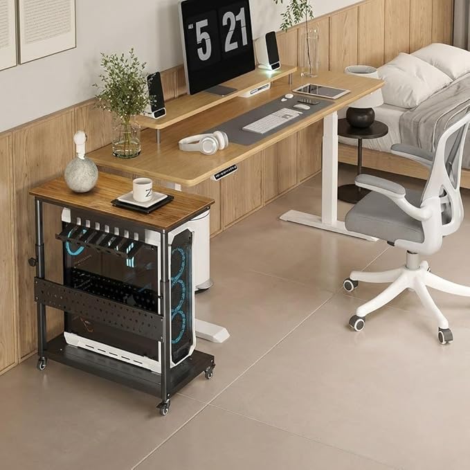 2-Tier Rolling Computer Tower Stand with Cable Management Rack, Height Adjustable CPU Holder Cart with Hooks for Gaming Home Office, PC Stand Fits Under Desk,Walnut