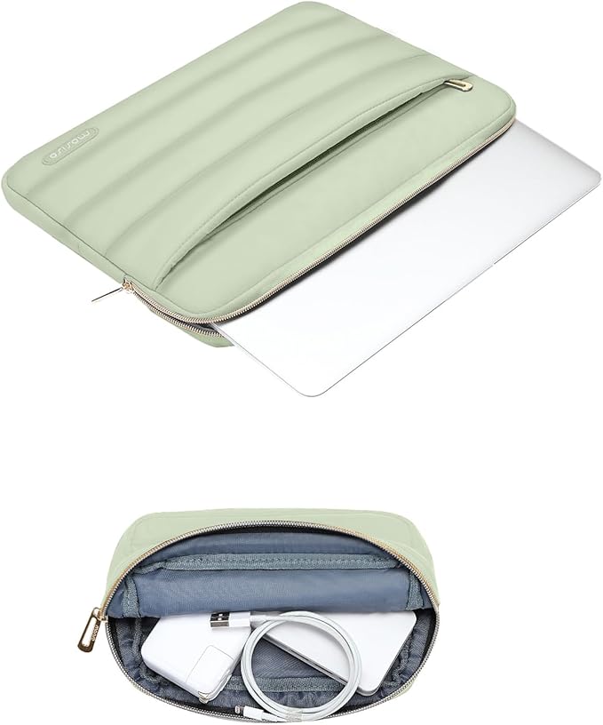 MOSISO Laptop Case 13.3 inch,13-13.3 inch Puffy Laptop Sleeve Compatible with MacBook Air 13.6 M5 M4 M3 M2 M1/Neo/Pro 13/14,HP Dell ASUS Lenovo,Polyester Horizontal Bag with Small Case, Sage Green