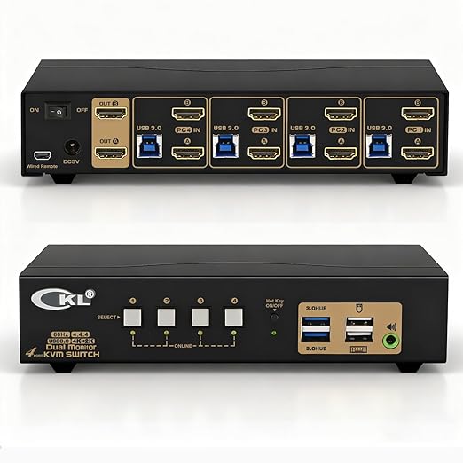 CKL KVM Switch Dual Monitor HDMI 4K@60Hz (2 Monitors 4 Computers 942HUA-3) for Home and Office to Console Desktops/Laptops, Support USB 3.0, Hot Key, Audio, Wireless Keyboard and Mouse