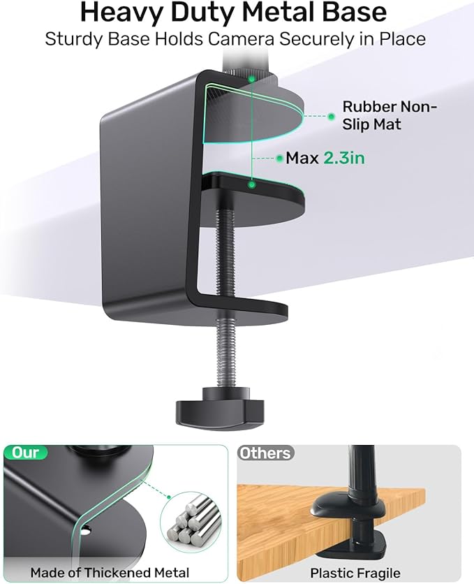 19 Inch Webcam Stand Camera Mount with Upgraded C-Clamp, Adjustable Flexible Gooseneck Arm Tripod for Desk Mount for Logitech C930e C930 C920 C922x C922 Brio 4K C925e C615, Gopro, Max Load 2.5 lb