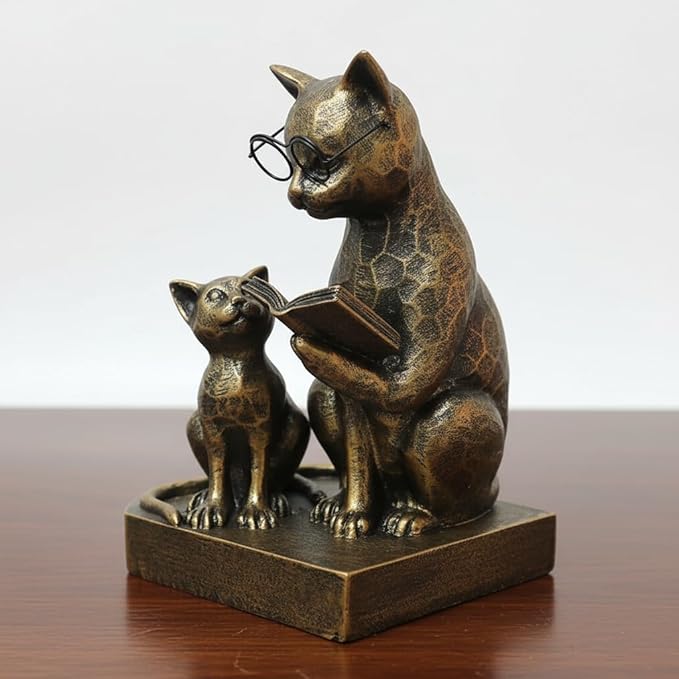 LIFFY Cat Decorative Bookends, 7“ Resin Non Skid Book Ends for Heavy Books, Parent-Child Cats Figurine Collectibles with Eye Glasses for Shelf to Hold Books, Whimsical Cat Decorations for Cats Lovers