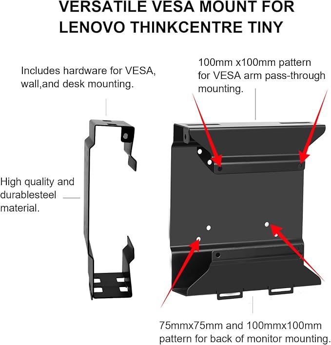 2 Pack Mini PC VESA Mount Compatible with Lenovo Thinkcentre Tiny M90qGen2, M80q Gen3, M90q Gen3, M90q Gen2, M70qGen2, M60e, M75qGen2, Under Desk and WallMount, 100x100mm Monitor Arm Wall Mount
