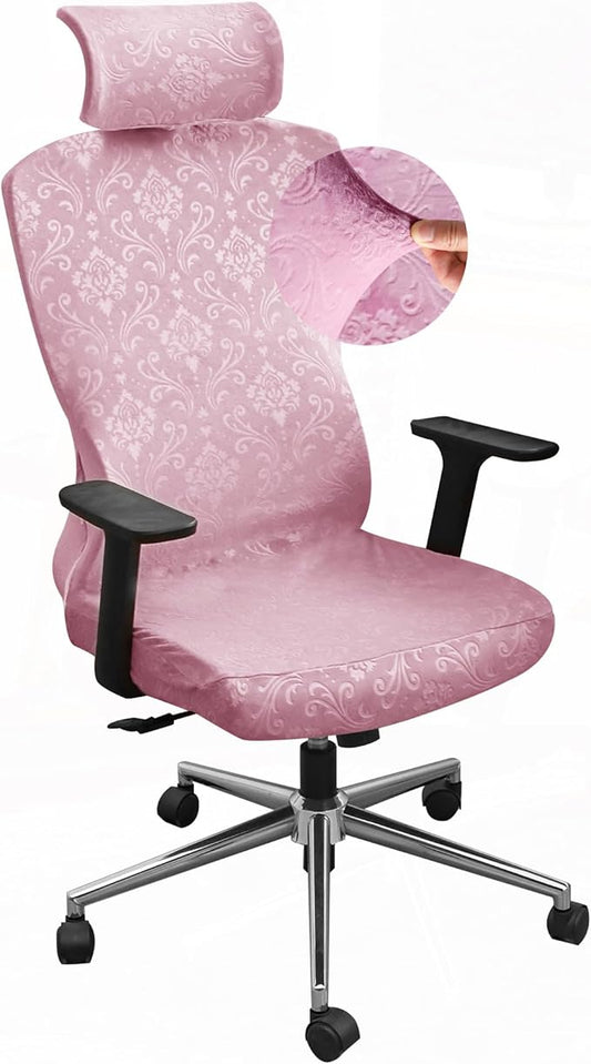 Pink Ergonomic Office Chair Cover with Headrest Cover Velvet Embossing Stretch Office Chair Cover with Headrest Set Washable-Velvet Embossing Pink