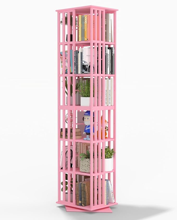 Lauxery Rotating Bookshelf Tower– 6 Tier 360° Spinning Bookshelf | Space-Saving Floor Standing Bamboo Revolving Bookcase for Small Space, Home Offices & Reading Corners |Pink