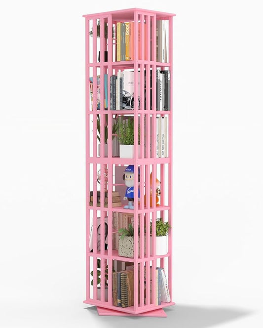 Lauxery Rotating Bookshelf Tower– 6 Tier 360° Spinning Bookshelf | Space-Saving Floor Standing Bamboo Revolving Bookcase for Small Space, Home Offices & Reading Corners |Pink
