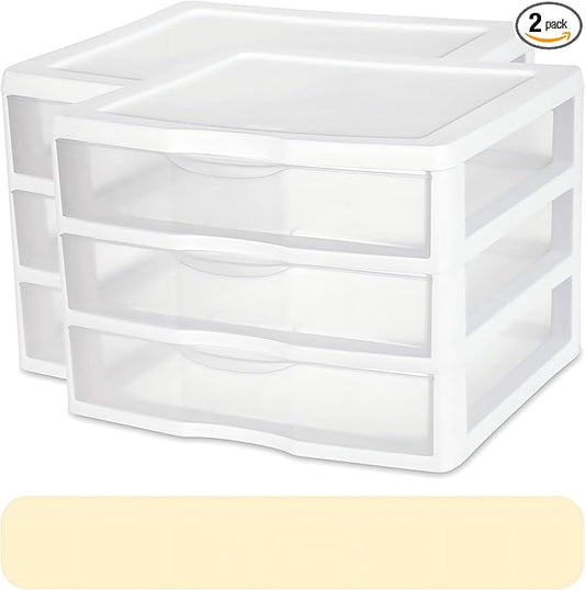 2-Pack Wide 3 Drawer Storage Unit, Clear Plastic Countertop Drawers with Stopper, White Desktop Organizer for Crafts Office Supplies Makeup, Stackable Small Drawer Bin for Bedroom Bathroom