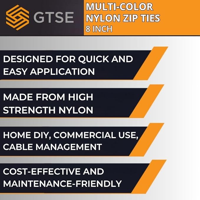 GTSE 8 Inch Colored Zip Ties, 200 Pack, 50lb Strength, UV Resistant Strong Nylon Cable Ties, Self-Locking 8" Tie Wraps