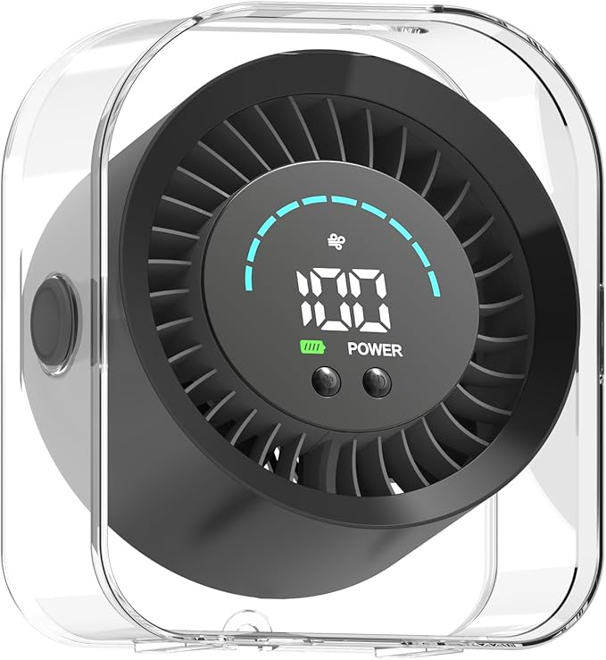 FOWSEEK Rechargeable Small Desk Fan Quiet, 4000mAh Portable Mini Fan USB Table Fan with 100 Speeds Turbo Flow, 360° Adjustable, LED Display, Desktop Cooling Fans for Bedroom Office Travel - Black