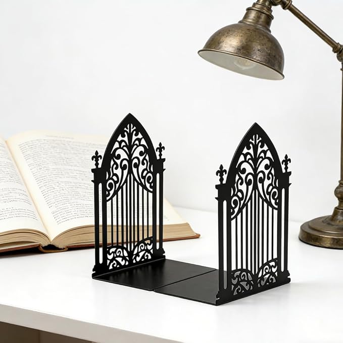 Book Ends, Bookends, Book Ends for Shelves, 2Pair Non Skid Metal Book Divider Decorative Holder, Abstract Art Desgin Book Stopper Supports for Office, Home (3 Pairs Gothic Bookends)