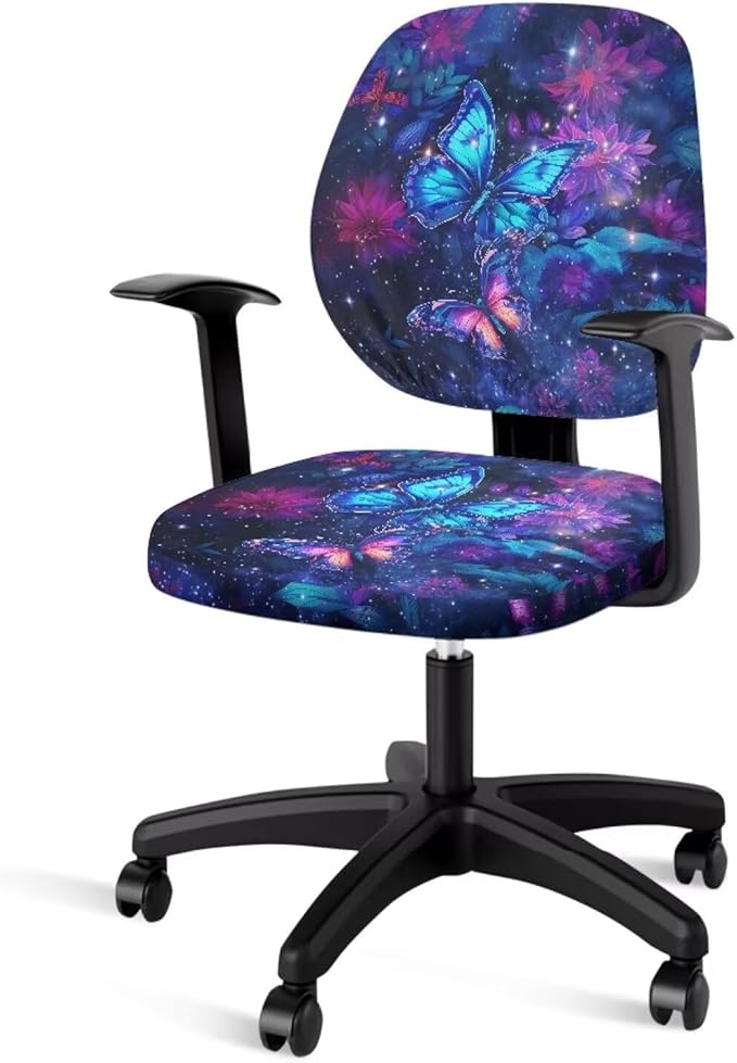 Galaxy Butterfly Computer Chair Covers Stretchable Office Chair Cover Dorm Computer Rotating Chair Slipcover 2 Piece Washable Seat and Back Cover Desk Chair Seat Cushion Protectors Purple