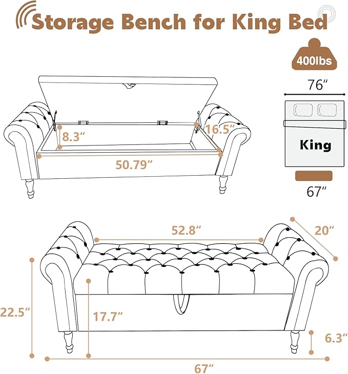 67'' End of Bed Storage Bench King Size, Storage Bench for Bedroom End of Bed, Upholstered Tufted Storage Ottoman Benches with Arms for Living Room, Entryway, Velvet Beige