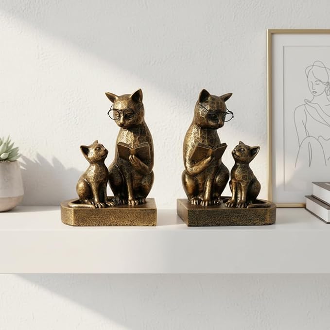 LIFFY Cat Decorative Bookends, 7“ Resin Non Skid Book Ends for Heavy Books, Parent-Child Cats Figurine Collectibles with Eye Glasses for Shelf to Hold Books, Whimsical Cat Decorations for Cats Lovers