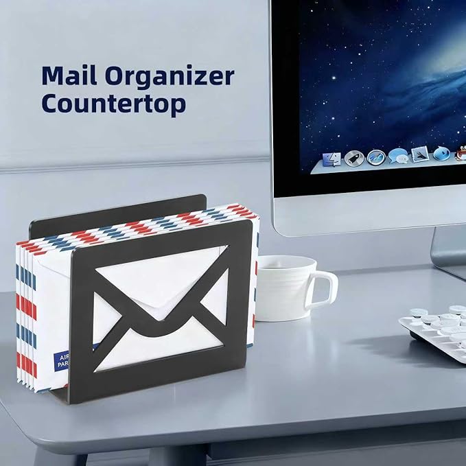 Desktop Letter Holder, Metal Desktop Mail Holder with Cutout Envelope Design,Letter Organizer Sorter for Desk, Desk Envelope and Document Storage Rack