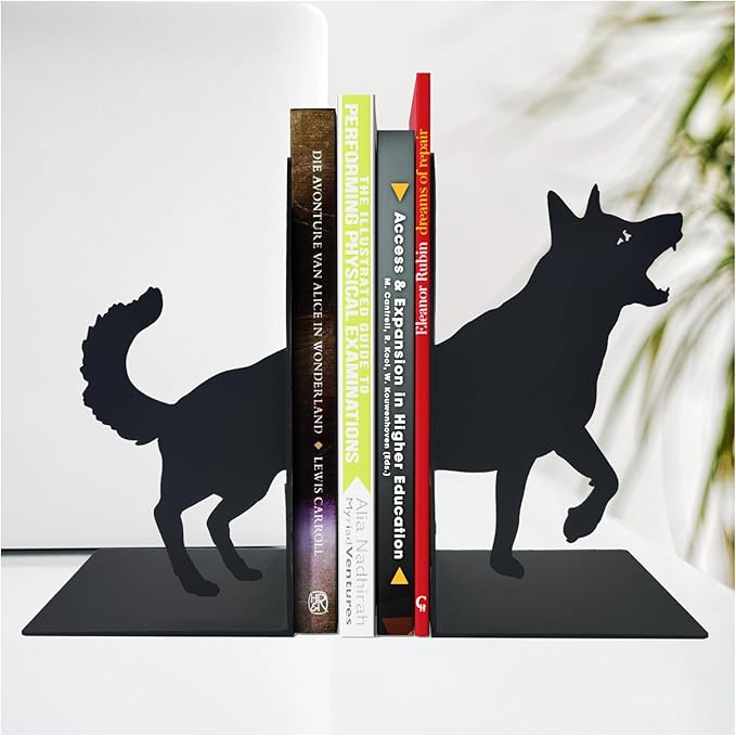 ENCIMART Wolf Book Ends Decorative for Shelves, Black Metal Bookend Supports for Heavy Books, Book Stoppers for Home Office Desktop Organizer for Men and Book Lovers Gift