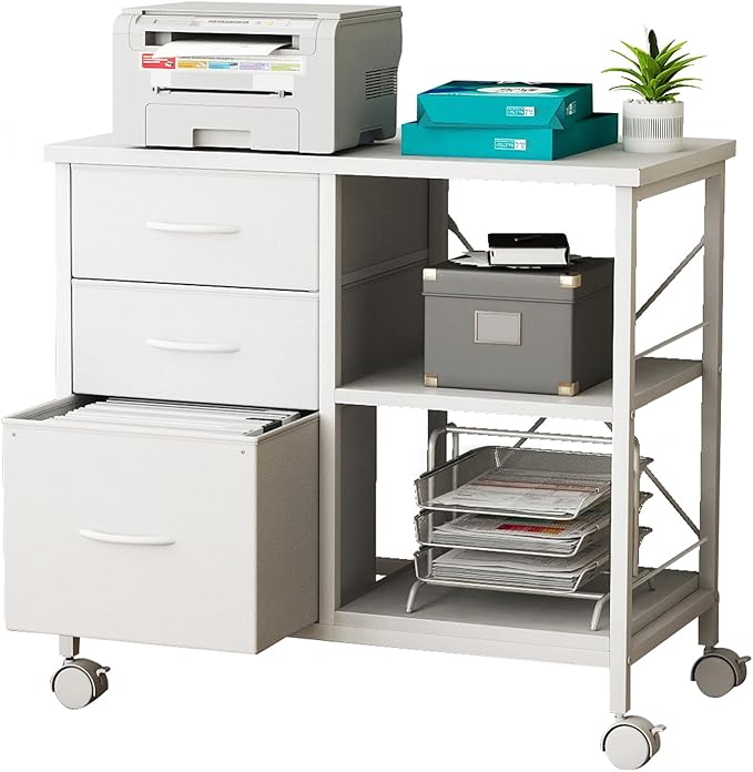 DUMOS File Cabinet, Mobile Storage Cabinet with 3 Drawers and Back Support Bar, Spacious Printer Stand with Storage Supporting 198 lbs for Home Office, White