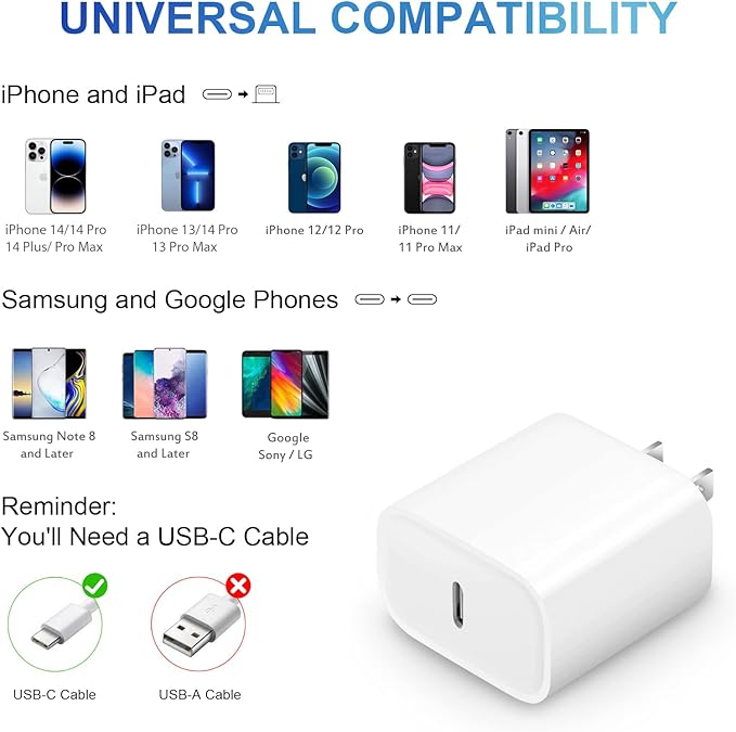 iPhone 14 13 12 11 Charger Fast Charging iPhone Fast Charger 3-Pack 20W iPad Charger 6FT C Chargers Fast Charging Cord Whit iPhone 14/14 Pro Max/13 Pro/13/12 Mini/12 Pro Max/11 Pro Max/Xs and iPad