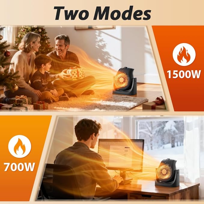 Portable Electric Space Heater Cooling Desk Fan 2 in 1 Heater Fan Combo with 45° Tilt, 2 Wind Speeds, 1500W Overheat Protection Personal Small Heater for Home Office