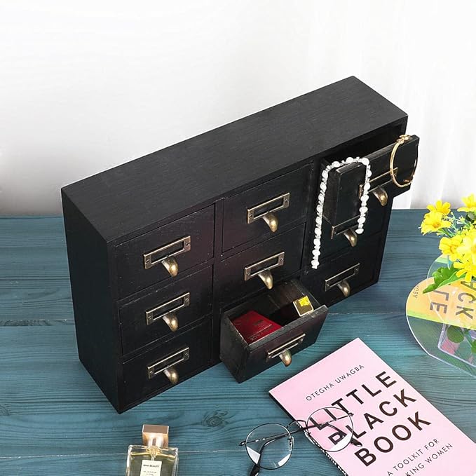 09 Drawers Apothecary Cabinet with Drawers Tabletop Apothecary Chests and Cabinets Library Card Catalog Cabinet Herb Storage Box Wooden Desk Drawer Organizer Medicine Vintage Furniture(BLACK)