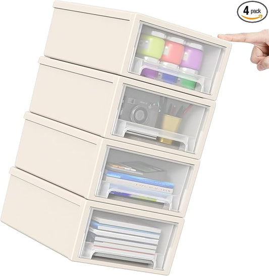 12 Quart Plastic Stacking Drawers, Stackable Desktop Storage Unit Drawers, 4 Packs