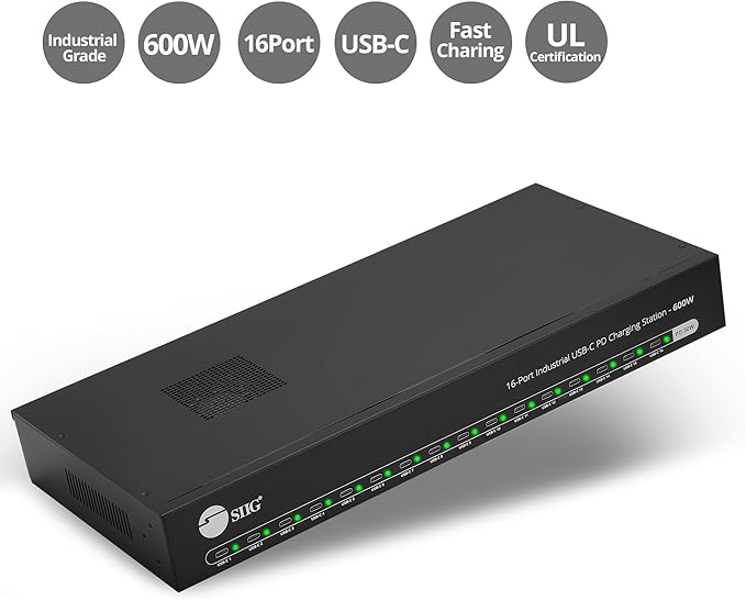 SIIG USB-C 16 Port 600W PD Industrial Powered Multiport Charging Station - 30W per Port - UL Certified - Rack Mount Compatible, for iPad/Tablet/Audio Guide and More (ID-US0A11-S1)