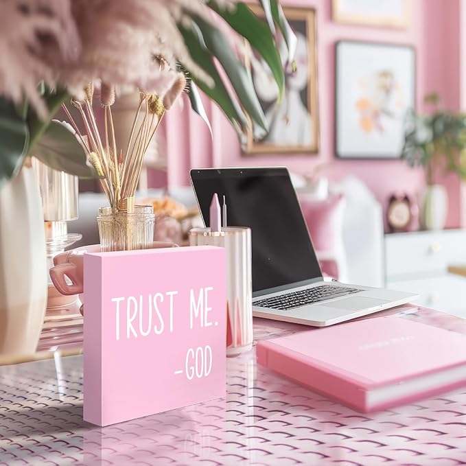 LVQHI Pink Decor For Desk, Trust Me God Sign Wood Box,Inspirational Desk Decor For Women, Small Motivational Home Bedroom Table Accessories Decoration Signs 5"x5"x1.2" In