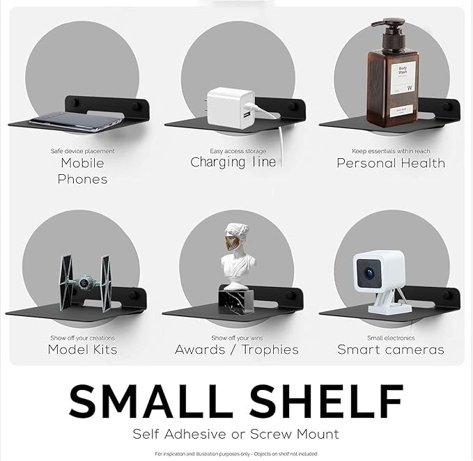 TRINENOX Floating Wall Shelves, 6" Wall Metal Speaker Mount Shelves for Bluetooth Speaker, Webcam, Cell Phones, Mesh Router, Award Toy Display Shelf Speaker Shelf (2 Pack)