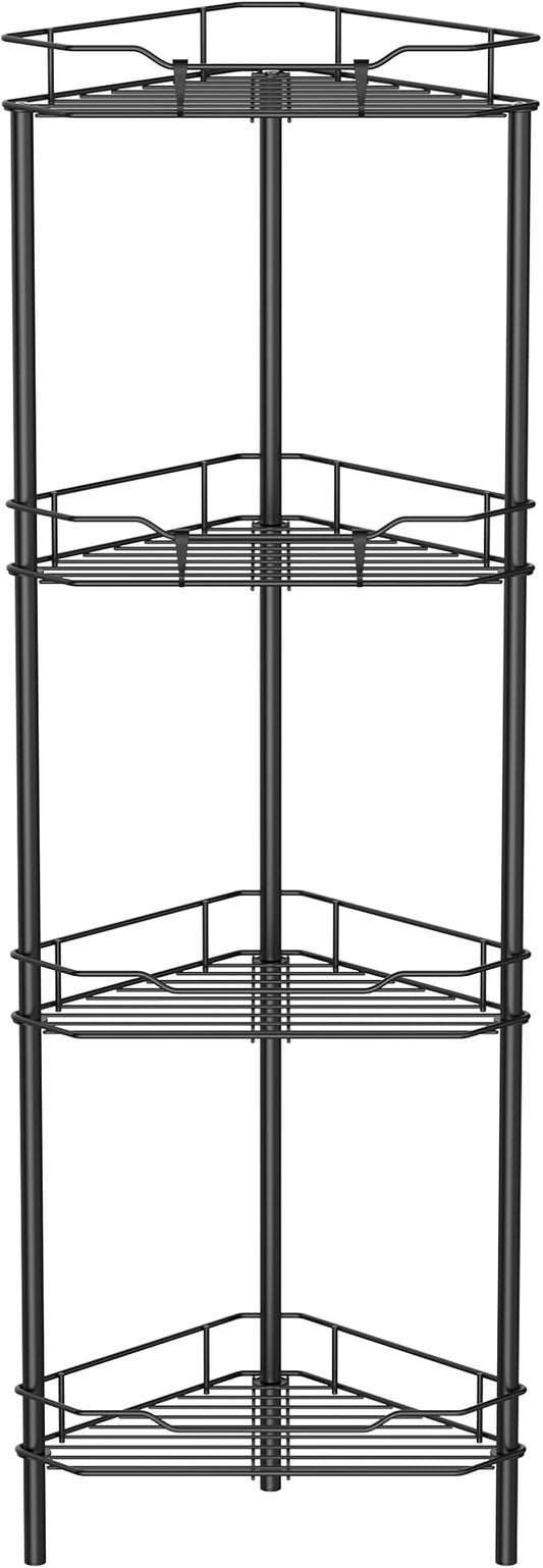 HuggieGems 4 Tier Floor Standing Corner Shower Caddy Organizer Shelf with Hooks, Bathroom Shelves Stand Rack, Black