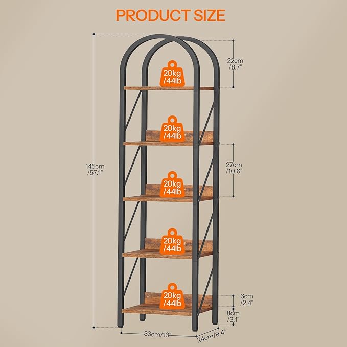 HOOBRO Bookshelf, 5-Tier Arched Bookshelf, Industrial Bookcase with Metal Frame, Tall Book Shelf Storage Organizer for Living Room, Office, Bedroom, Rustic Brown and Black BF425SJ01