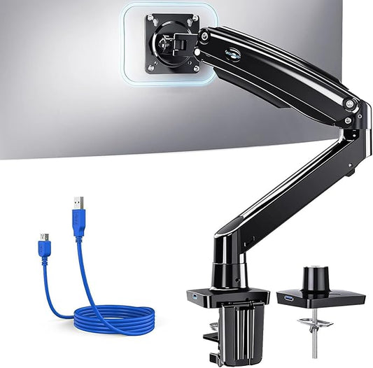 HUANUO Single Monitor Arm for 13-35 inch Screens,Ultrawide Computer Monitor Mount Holds 26.4lbs,Upgraded Adjustable Monitor Stand with USB,C-Clamp&Grommet Base,VESA 75x75/100x100mm(Black)