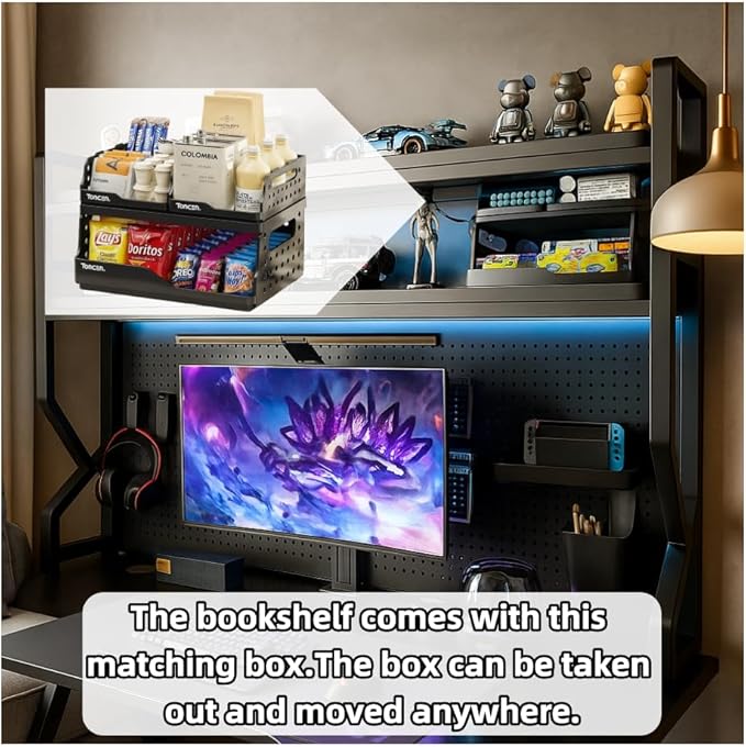 Desktop Hutch Bookshelf,Many Gifts,Metal Desktop Bookcase with pegboard, Desk Shelf Black, Countertop Storage Organizer Rack for Dorm or Office,Desktop Shelves(Black, 53.1" Lx9.9 Wx39 H)