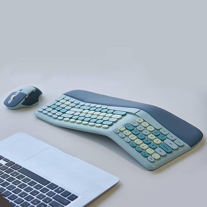 Wireless Ergonomic Keyboard and Mouse Combo with PU Wrist Rest, Carpal Tunnel Keyboard, 2.4G Colorful Split Ergo Keyboard, Comfortable Natural Typing, Compatible with PC/Laptop (Blue)