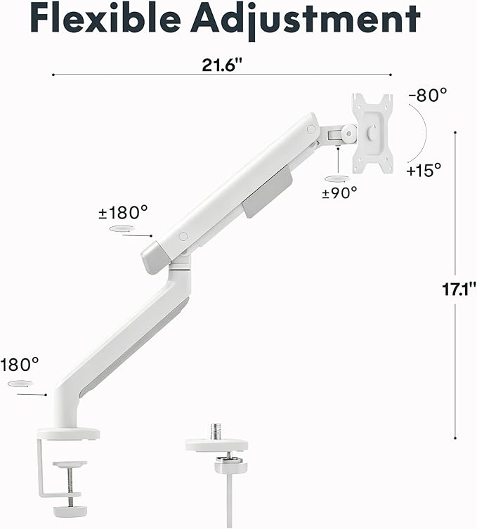 FlexiSpot Single Monitor Arm, Premium Aluminum Monitor Desk Mount Fits Screen up to 35 Inches 19.84 lbs, Fully Adjustable Monitor Stand with C-Clamp & Grommet Base for Home Office, White