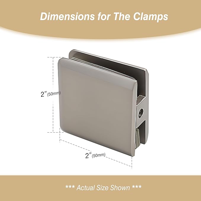 Glass Clamp for Frameless Shower Door, Solid Brass Materials, for 5/16" to 1/2" (8-12mm) Glass, Wall or Floor Mount Fixed Clips Hardware Kit, Brushed Nickel