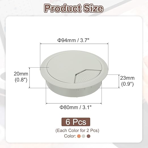 PATIKIL 3.1 Inch/80mm Desk Grommet, 6Pcs Cable Grommet Wire Management Cable Hole Cover Cord Organizer for Office Home Table Countertop, Brown/Yellow/Light Gray