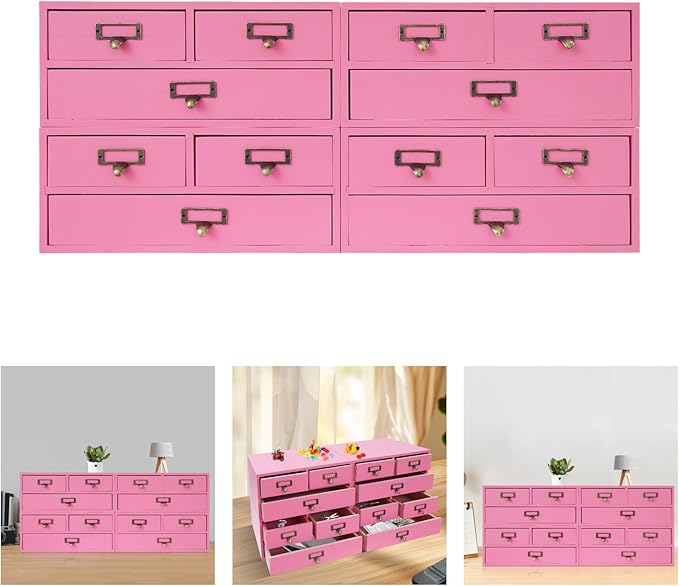 4 Packs Vintage Desktop Apothecary Cabinet with 3 Drawers,Wood Desktop Organizers Stackable Drawers Desktop Chest Drawer for Herb Storage,Tea Collection,Stationery (Pink)