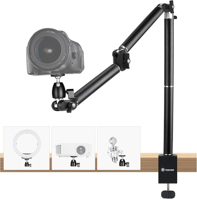 TARION Camera Desk Mount Overhead: Articulated Camera Arm Stand with Clamp 3/8'' 1/4'' Screws Adjustable Table Mount Flexible Gear Joints for DSLR, Phone, Projector TKA01-L (Upgraded Version)