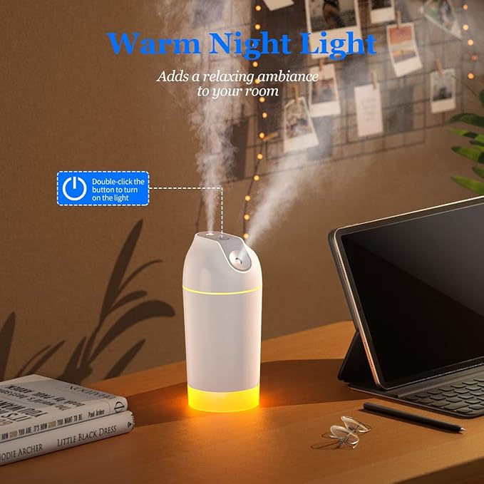 Mini Humidifier-Battery Operated 480ml Cordless Portable Small Humidifier USB Rechargeable Personal Desktop Humidifiers With Night Light & 4 Spray Modes for Car, Baby, Plants (White, 2600mAh)