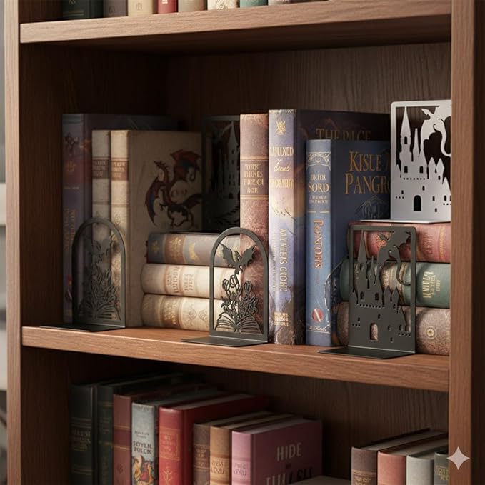 4 Pairs Book Ends, Bookends, Book Ends for Shelves, Non Skid Metal Book Divider Decorative Holder, Abstract Art Desgin Book Stopper Supports for Office, Home (4 Pairs Bookend)