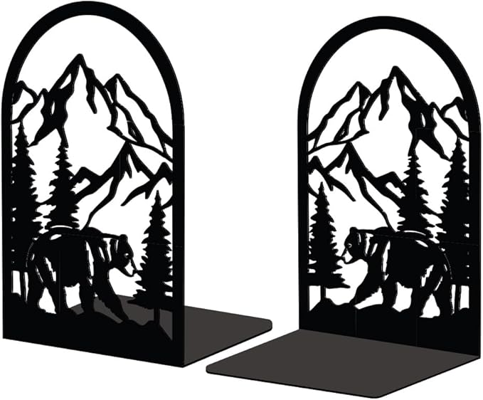 Peacoblue Metal Bookends for Shelves, Modern Decorative Heavy Duty Study Book Support Stoppers for Office, Desk, Shelf, Room 5.3"x4.3"x7.9" Cast Iron Bookends, 1 Pair (Mountain and Forest with Bear)