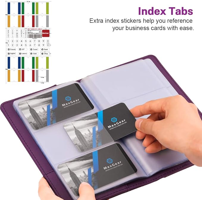 MaxGear Business Card Organizer Book, Holds 240 Cards, Portable PU Leather Business Card Holder with Clear Sleeves, Professional Card Binder for Office, Meetings, Networking, Purple