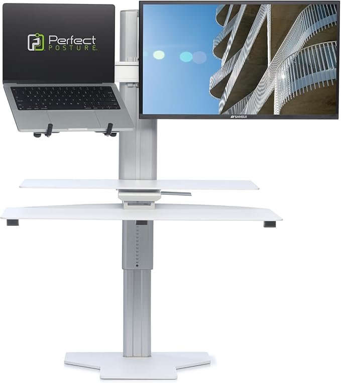 Perfect POSTURE Sit2Stand Standing Desk Converter Monitor Mount and Laptop Holder – 18” Height Adjustable Sit-Stand Workstation – White