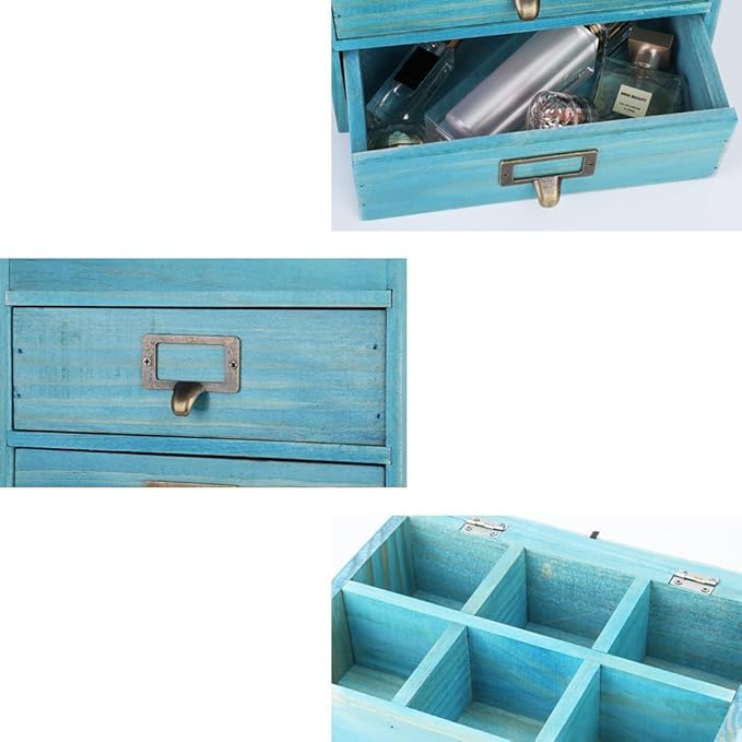 Wooden Storage Box Wooden Desk Organizer with 2 Drawers and 6 Grids Apothecary Drawers Small Wooden Drawers Small Craft Storage Containers Jewelry Holder for Women(Glass Blue02)