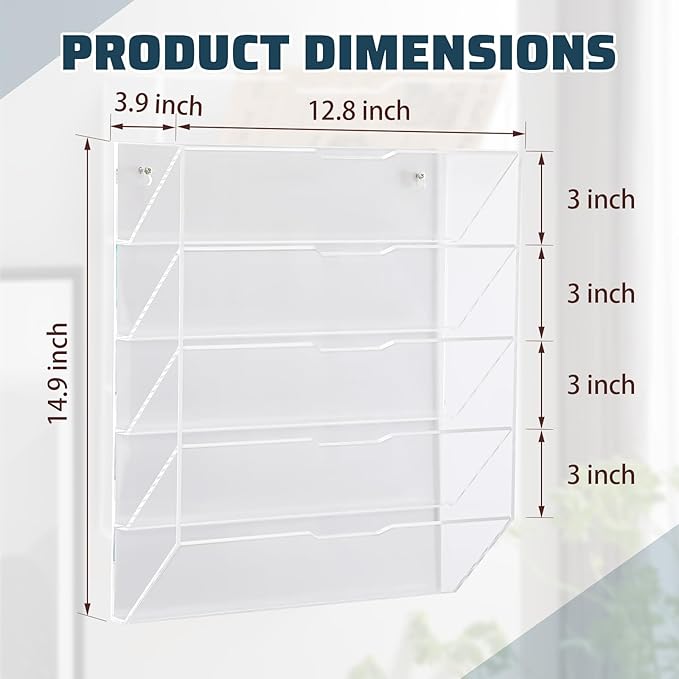 Chunful 5 Tier Mail Sorter Letter Wall Holder Clear Acrylic Wall Mounted Mail Organizer Hanging File Envelope Pocket Plastic Mount Document Holder for Home Office Entryway