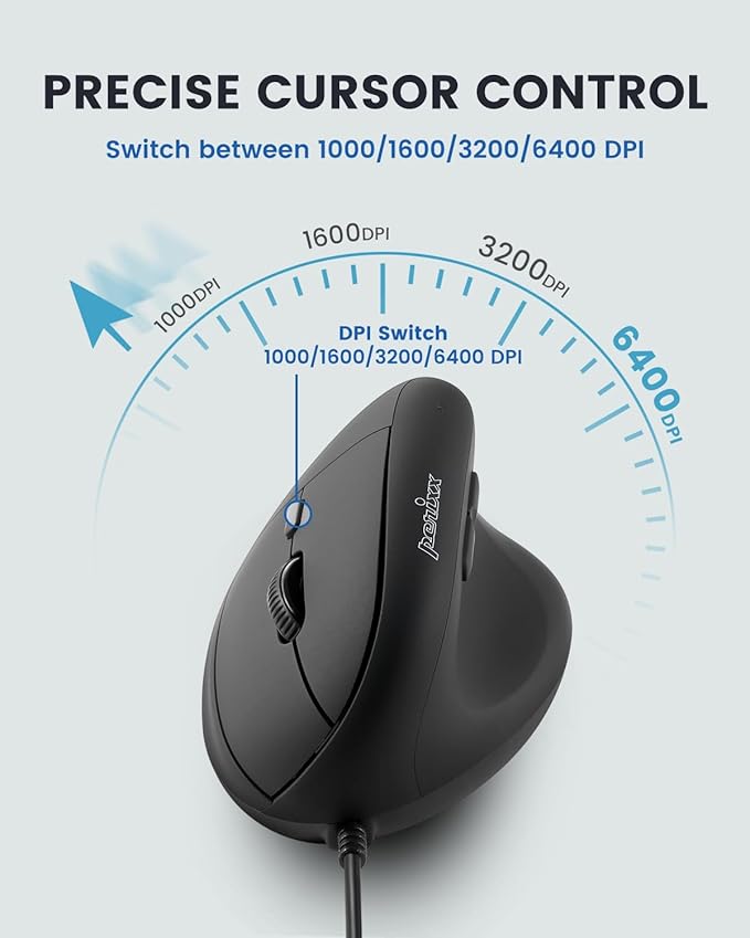 Perixx PERIMICE-508II Wired Vertical Ergonomic Mouse - 6 Buttons, Adjustable DPI 1000/1600/3200/6400, Optical Sensor, USB Plug and Play, Right-Handed, Black