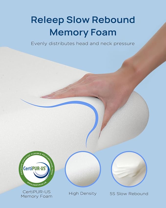 Releep Cooling Soft Memory Foam Pillow, Cervical Neck Pillow for Side Sleepers, Back & Stomach Sleepers, Ergonomic Orthopedic Design for Neck Pain Relief and Deep Sleep, CertiPUR-US